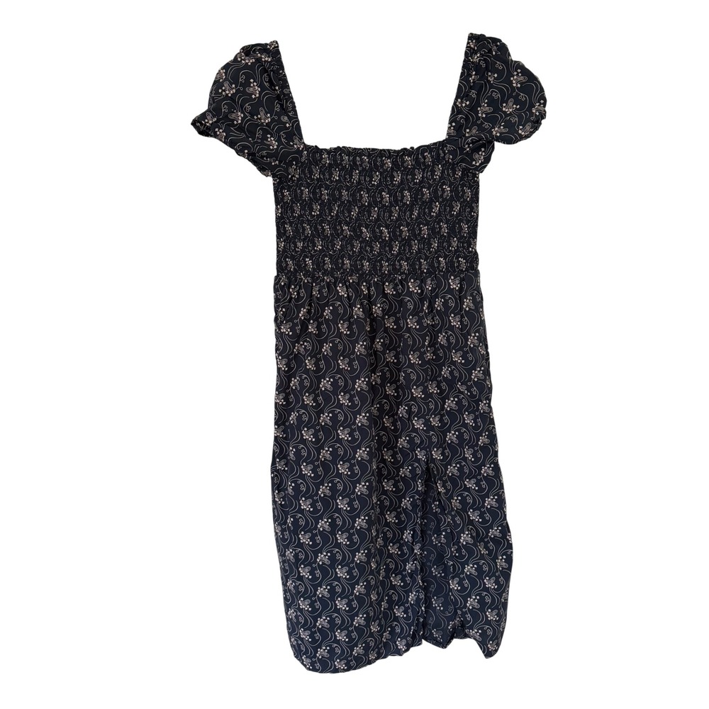 J.Crew Womens Navy Blue Floral Smocked Puff Sleeve Square Neck Dress Size L Fall